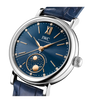 Silver-cased watch with blue dial, rose gold hands and hour markers, diamond indices, day-night subdial, and blue leather str
