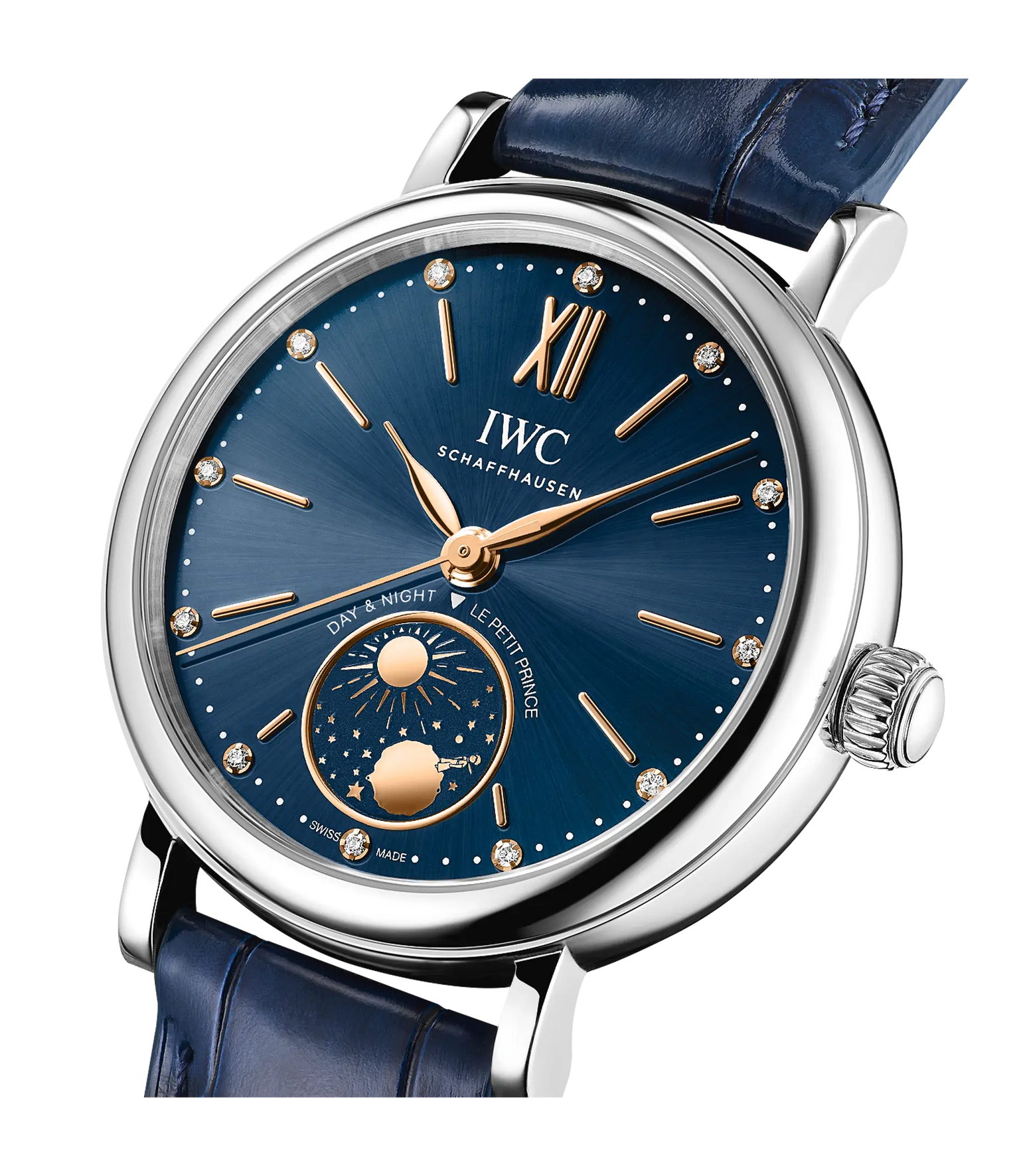 Silver-cased watch with blue dial, rose gold hands and hour markers, diamond indices, day-night subdial, and blue leather str