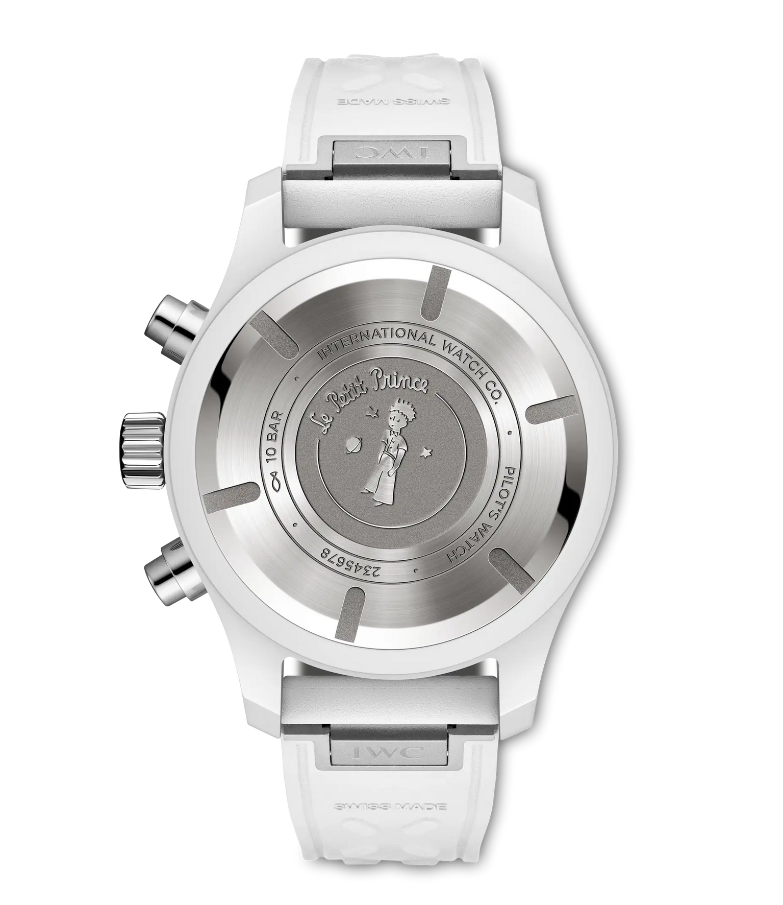 Silver chronograph watch with white rubber strap and Le Petit Prince engraving on caseback.