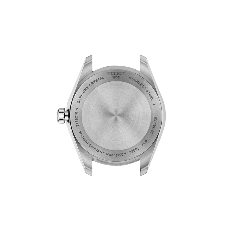 Back view of a Tissot watch with brand name and specifications on a white background