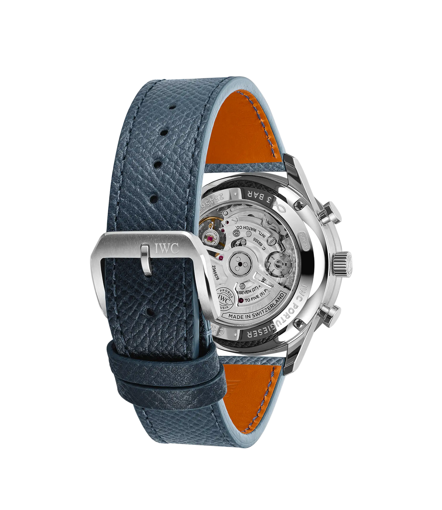 The IWC Schaffhausen Portugieser Chronograph blends sporty elegance with a blue textured leather strap, silver buckle, polished steel case, visible pushers, and a transparent case back showcasing its mechanical movement.