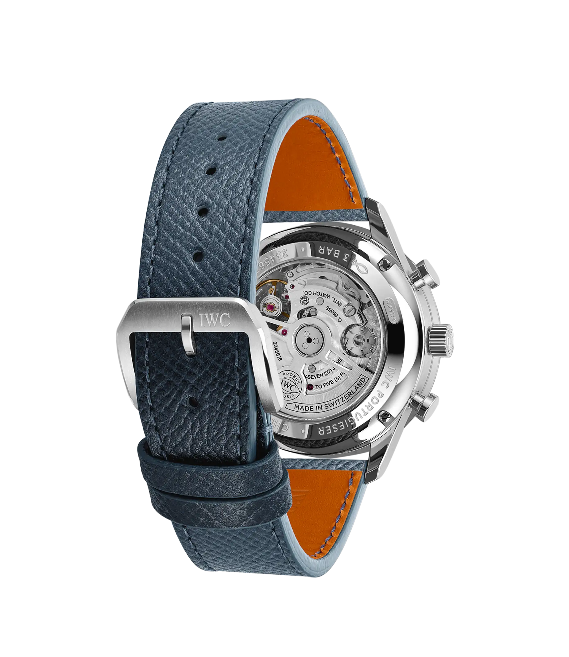 The IWC Schaffhausen Portugieser Chronograph blends sporty elegance with a blue textured leather strap, silver buckle, polished steel case, visible pushers, and a transparent case back showcasing its mechanical movement.