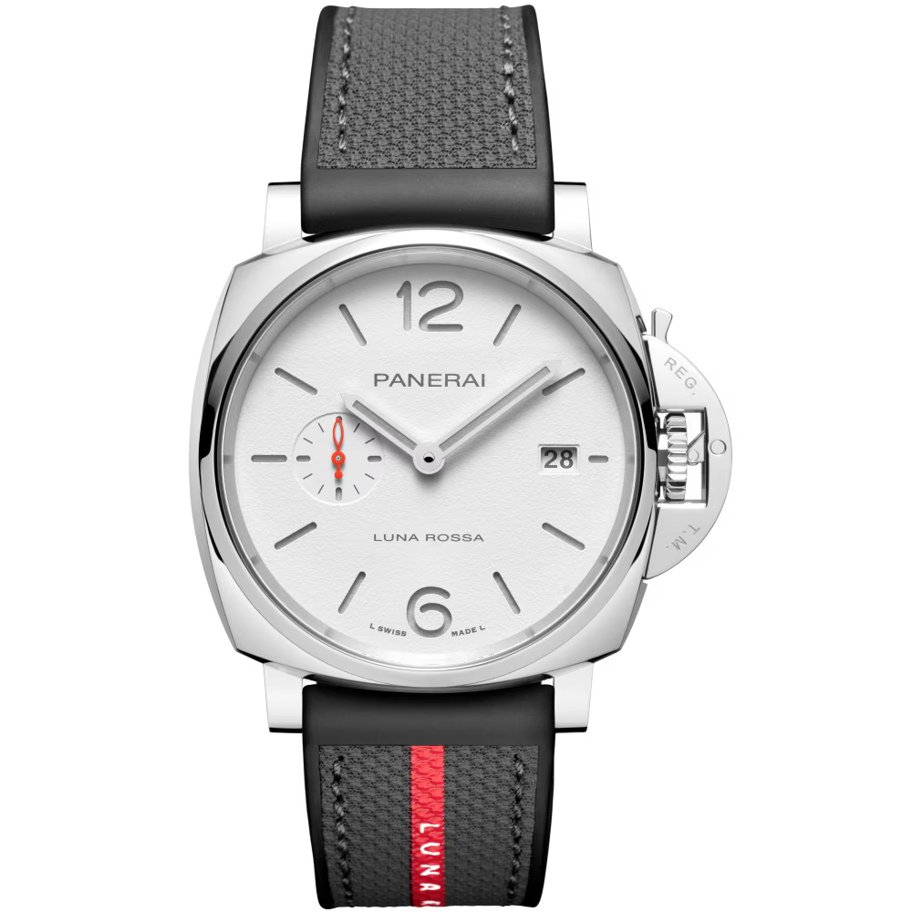 The Panerai Luminor Due Luna Rossa is a silver automatic watch with a white dial, black and gray strap featuring a red Luna Rossa stripe. It has date display, silver markers, and small seconds at 9 o’clock, powered by the P.900 calibre.