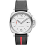 The Panerai Luminor Due Luna Rossa is a silver automatic watch with a white dial, black and gray strap featuring a red Luna Rossa stripe. It has date display, silver markers, and small seconds at 9 o’clock, powered by the P.900 calibre.