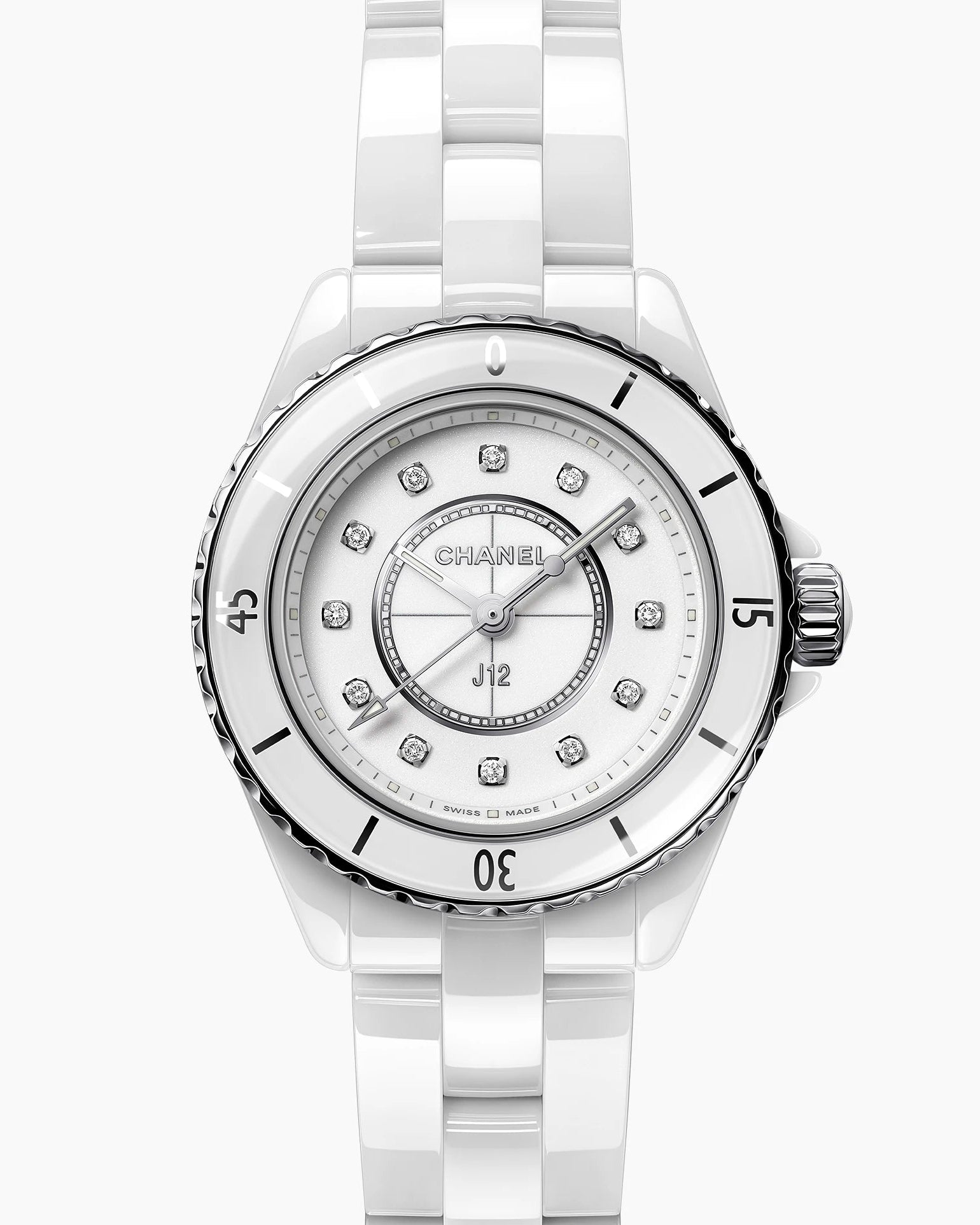 Silver watch with a white face on a white background