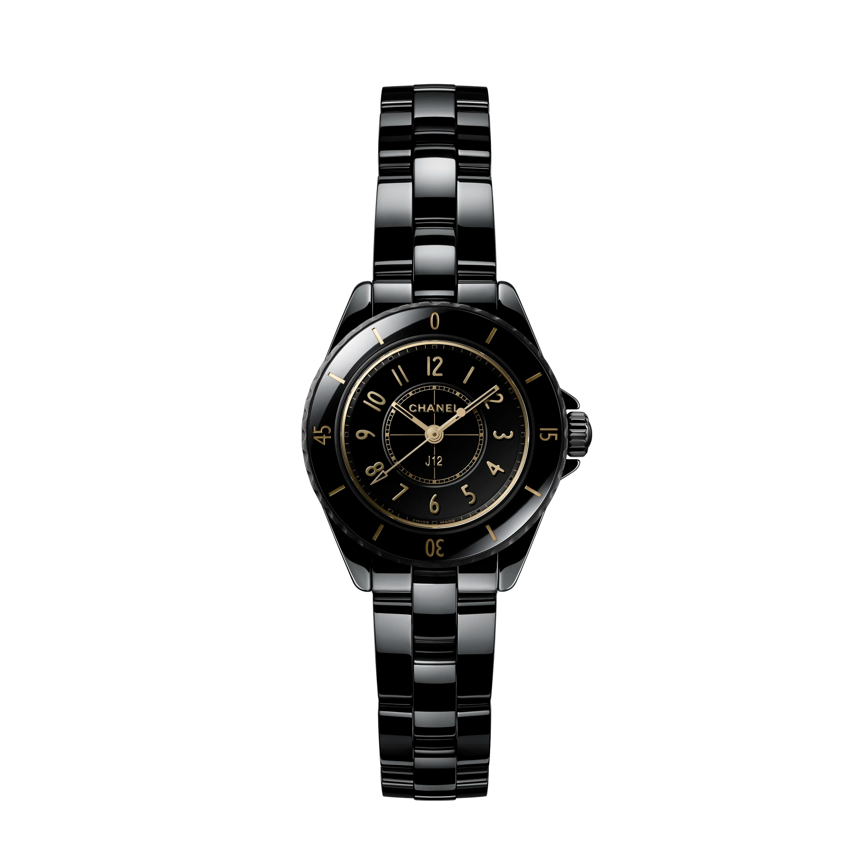 Black Chanel watch with a white background