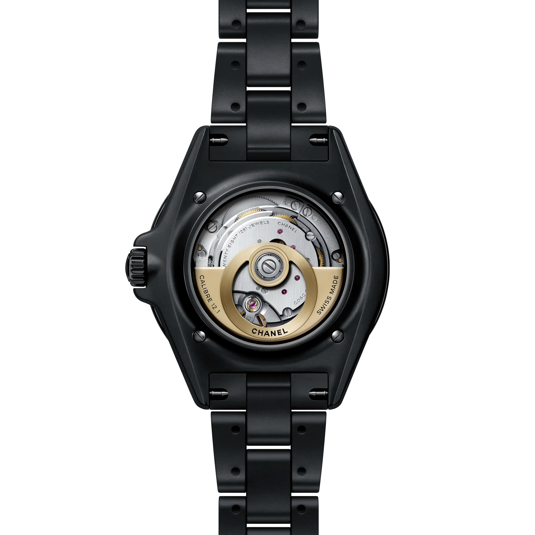 Black Chanel watch with open face design on a white background