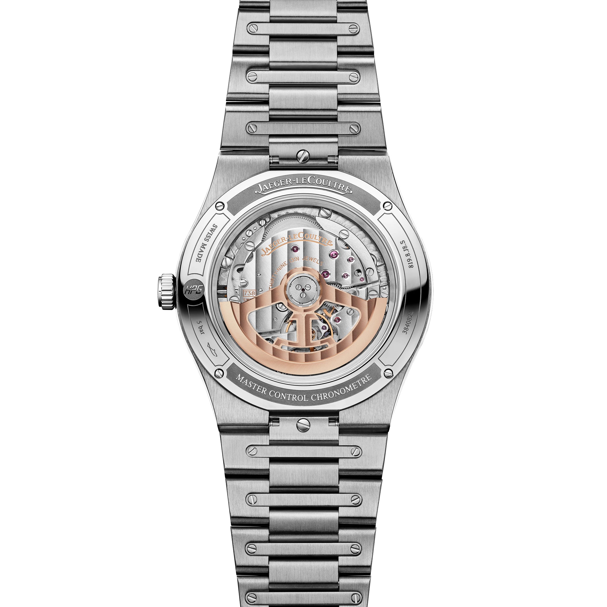 Silver stainless steel watch with visible skeleton movement, date window, and matching metal bracelet.