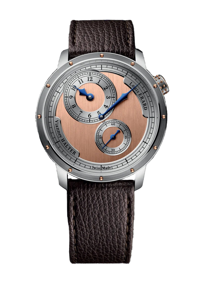 The Le Régulateur Louis Erard x Vianney Halter II by Louis Erard features a brown textured leather strap, silver and rose gold dial with blue hands, two subdials, and both Vianney Halter and Louis Erard names on the face.