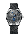 Watch with black leather strap and detailed face on a white background