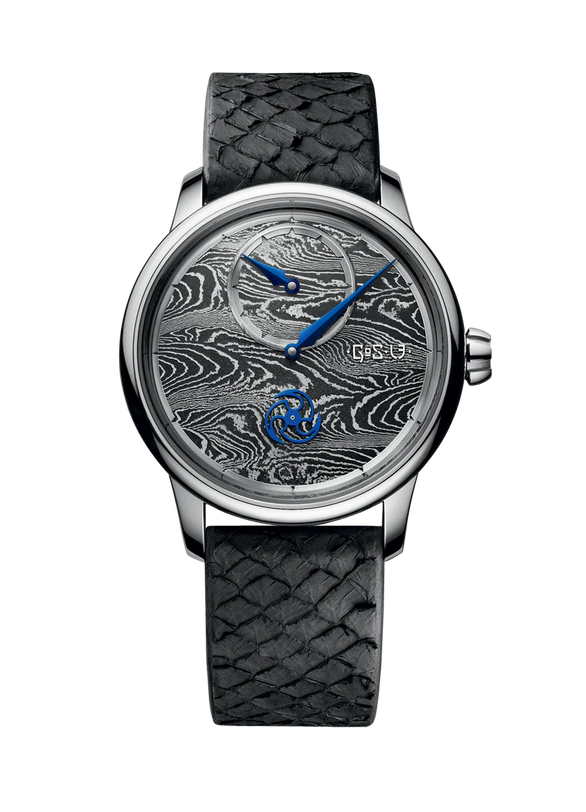 Watch with black leather strap and detailed face on a white background
