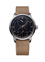 Wristwatch with brown leather strap and black dial on a white background