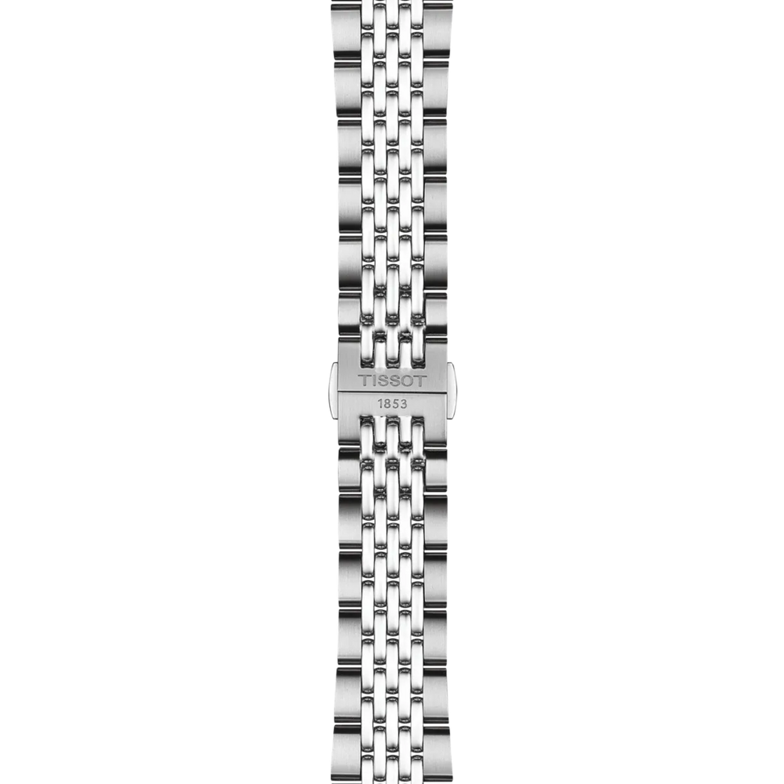 Stainless steel watch band with multi-link chain design and Tissot 1853 clasp.
