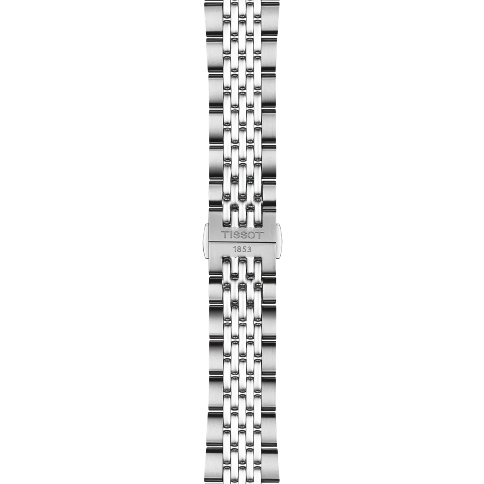 Stainless steel watch band with multi-link chain design and Tissot 1853 clasp.