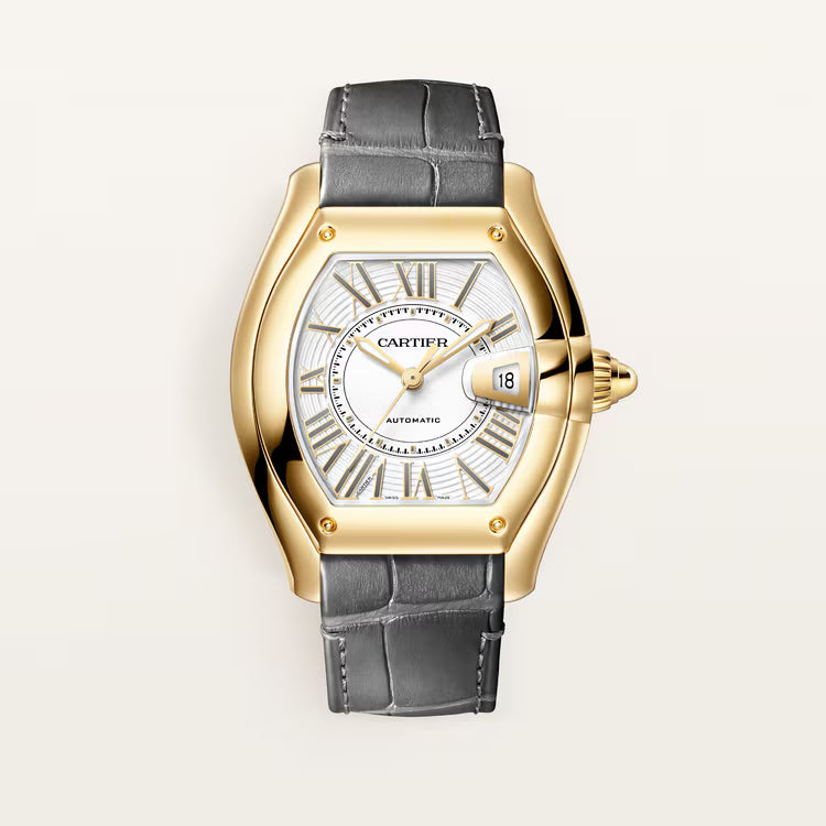 Cartier Roadster watch with gold-toned case, white dial, Roman numerals, date window, and gray leather strap.