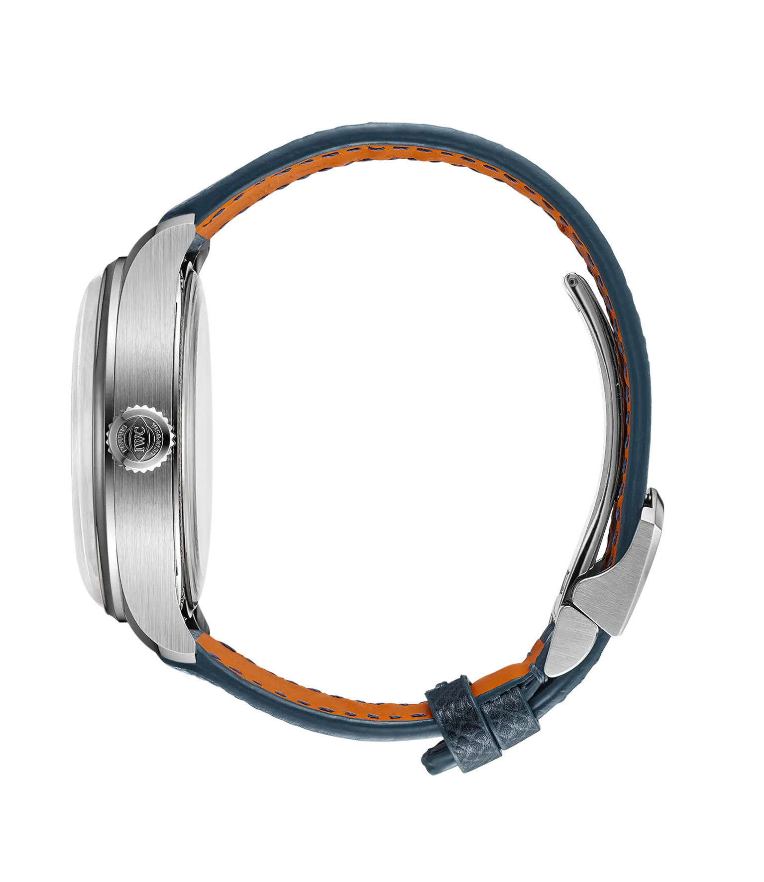 Side view of the IWC Schaffhausen Portugieser Perpetual Calendar 44, featuring a blue leather strap with orange underside, crown, and buckle clasp, displayed against a white background.