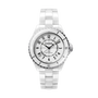 The Chanel J12 is a white automatic wristwatch with a ceramic bracelet, steel and silver accents, and a round dial featuring black Arabic numerals and the Chanel logo.