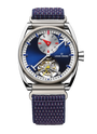 Steel watch with blue dial, visible tourbillon mechanism, small subdial, red triangle hour hand, and blue textile strap.