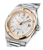 IWC Ingenieur Automatic 35 watch with two-tone steel and rose gold case, diamond bezel, silver dial, and matching bracelet.
