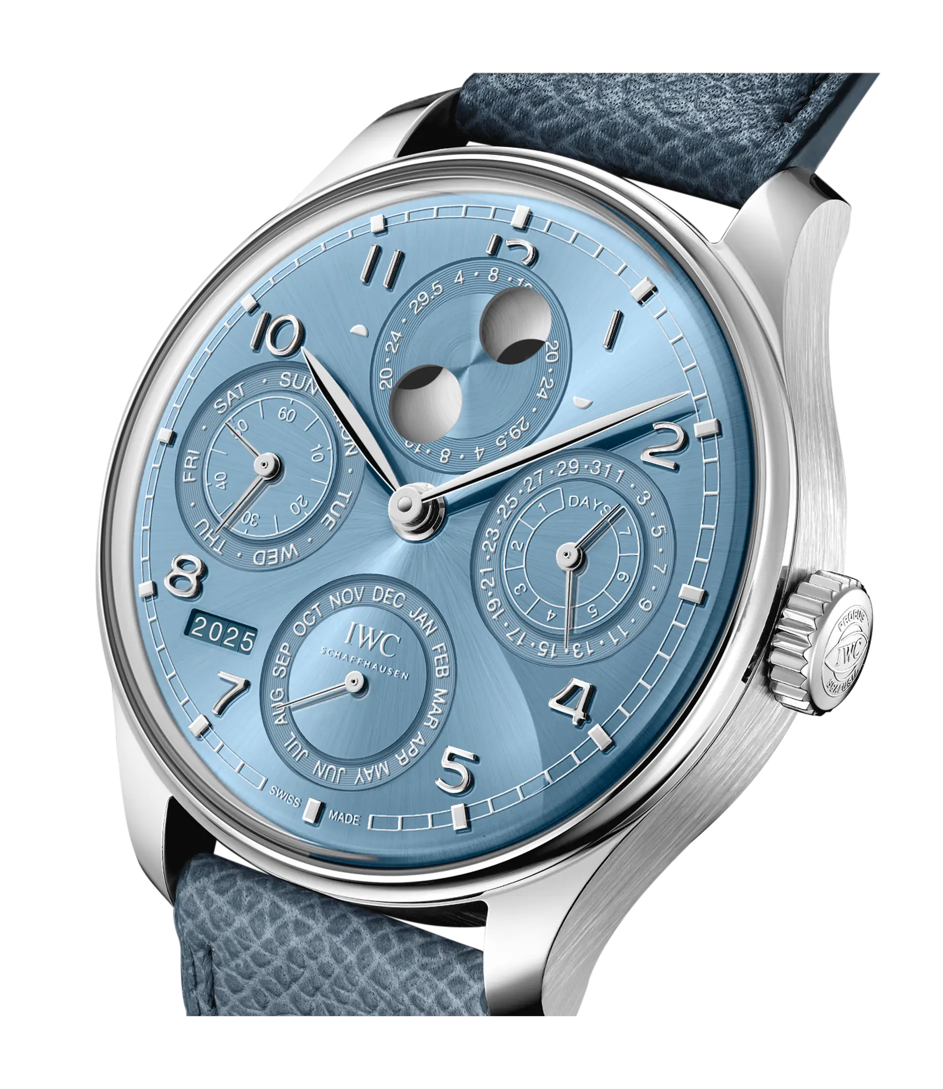 The IWC Schaffhausen Portugieser Perpetual Calendar 44 features a light blue face, silver case, blue textured strap, multiple subdials, moon phase display, and a 2025 year window.