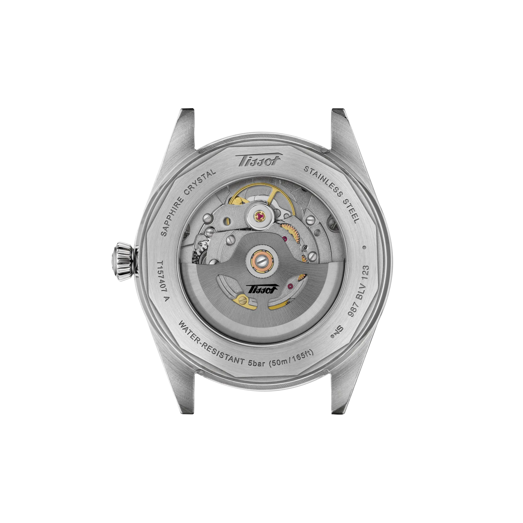 Stainless steel watch case back showing mechanical movement with golden gears and Tissot branding.
