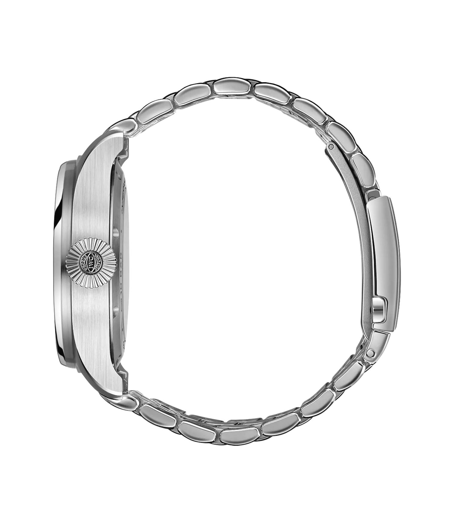 Silver-tone pilot's watch with metal bracelet, shown from the side view displaying the case profile and link band.