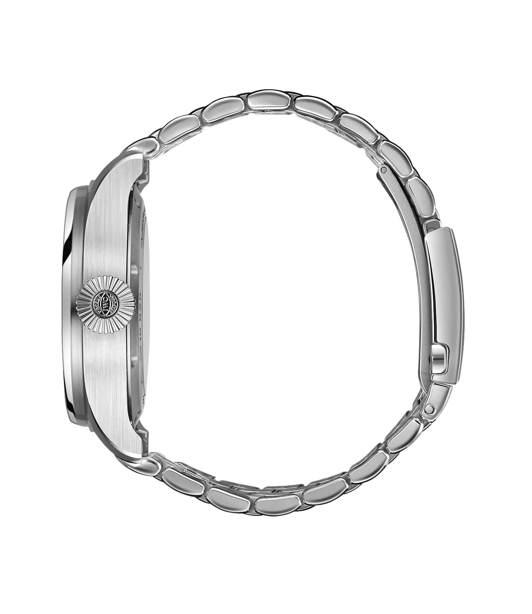 Silver-tone pilot's watch with metal bracelet, shown from the side view displaying the case profile and link band.