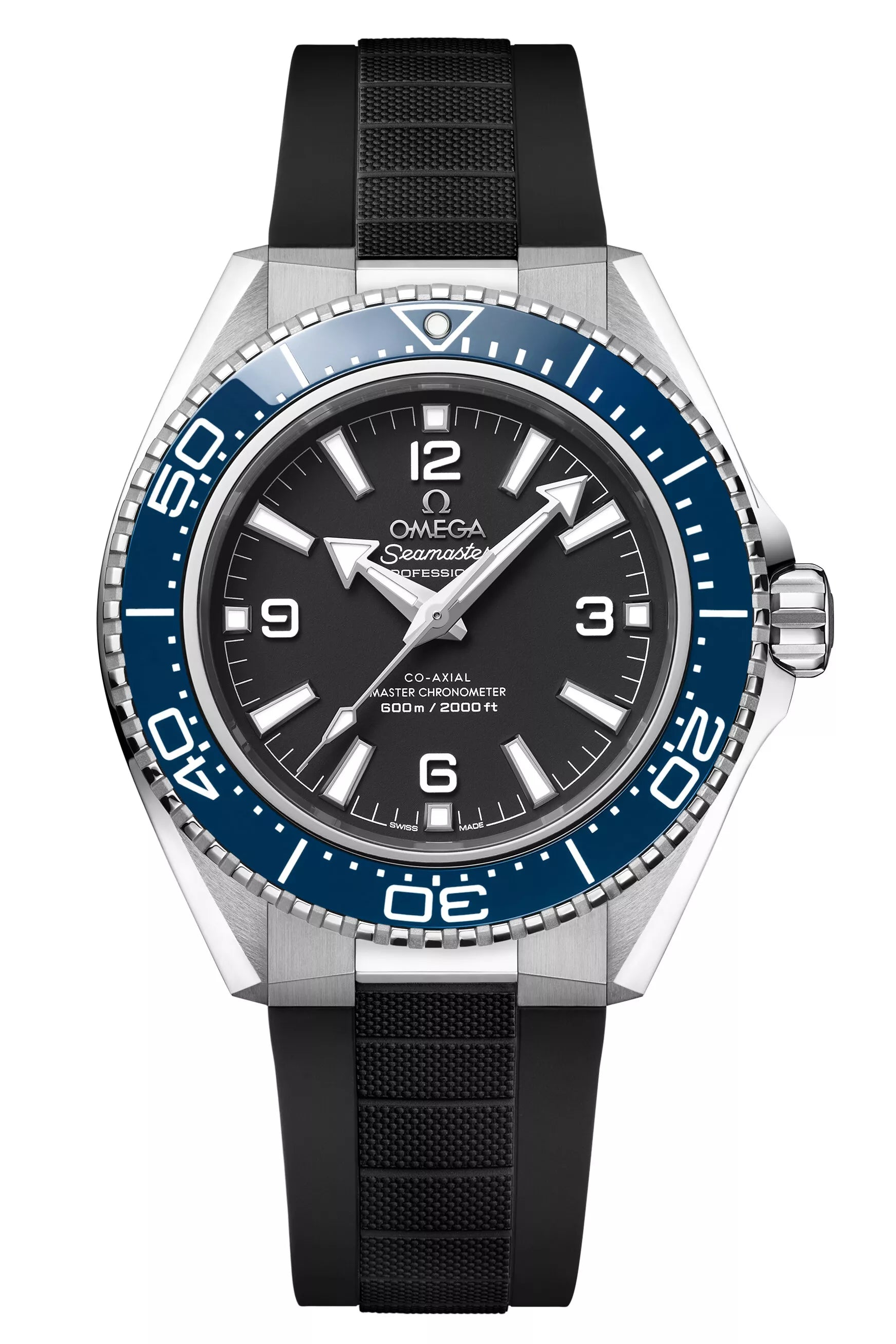 A close-up of the OMEGA Seamaster Planet Ocean 600M dive watch with a black dial, white markers, blue bezel, and black strap. This Co-Axial Master Chronometer shows 10:10 and is water-resistant to 600 meters.
