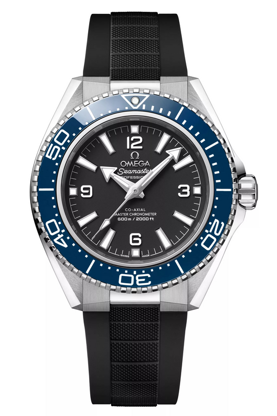 A close-up of the OMEGA Seamaster Planet Ocean 600M dive watch with a black dial, white markers, blue bezel, and black strap. This Co-Axial Master Chronometer shows 10:10 and is water-resistant to 600 meters.