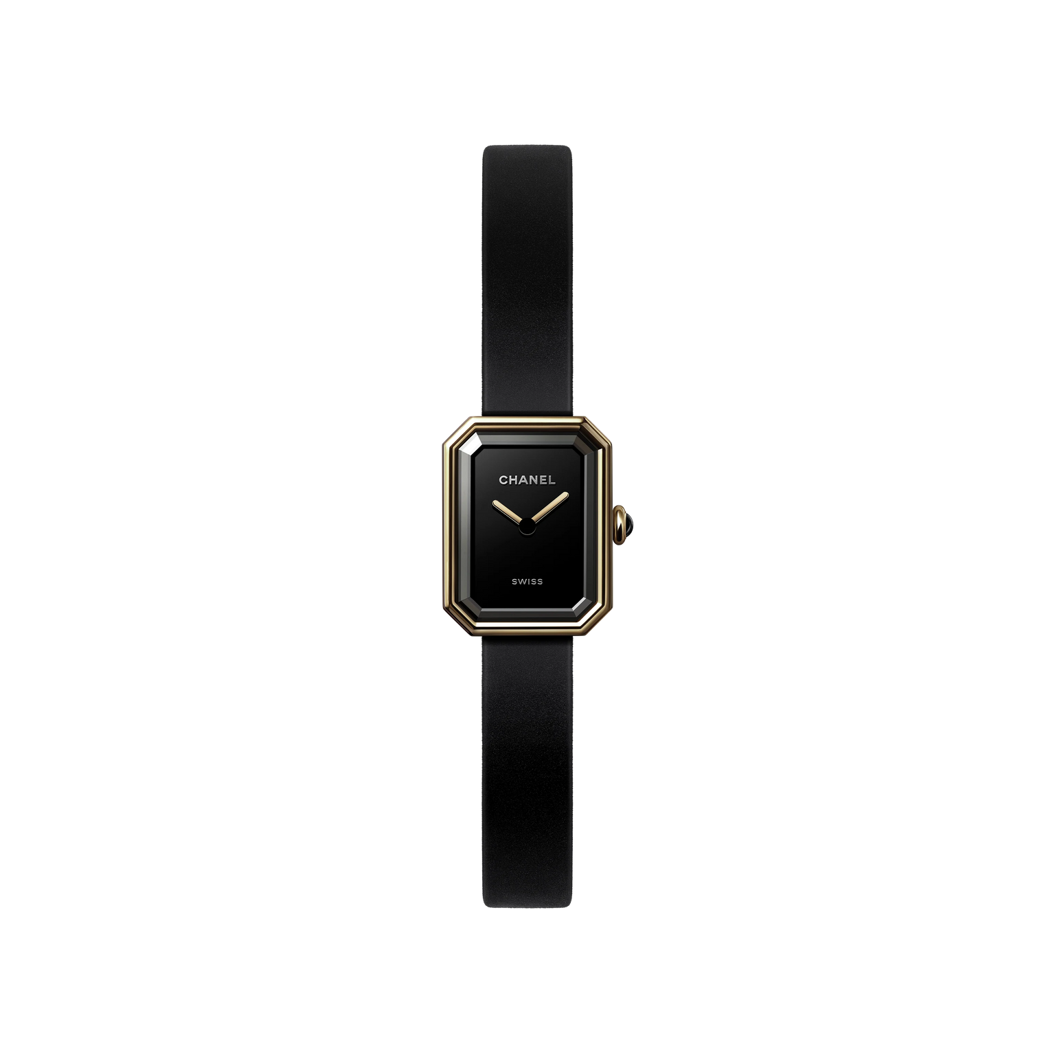 The Chanel Première Ribbon is a minimalist wristwatch with a slim black leather strap and a small octagonal black-lacquered dial edged in yellow gold, featuring gold hands, the Chanel logo, and "SWISS" in white.