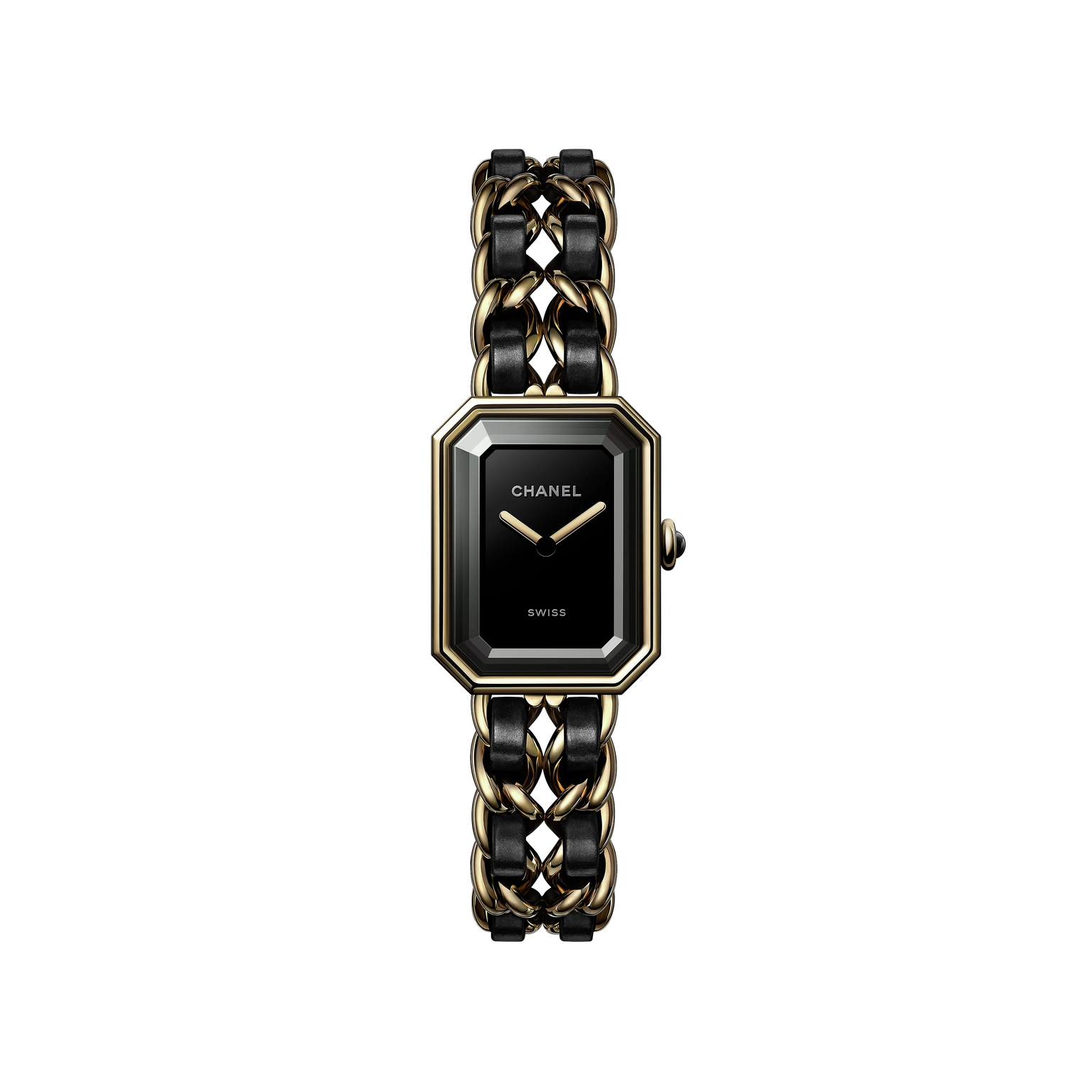 The Chanel Première Édition Originale Medium Model features a black-lacquered dial, yellow gold steel bezel, gold hands, and a chain-link bracelet interwoven with black leather.