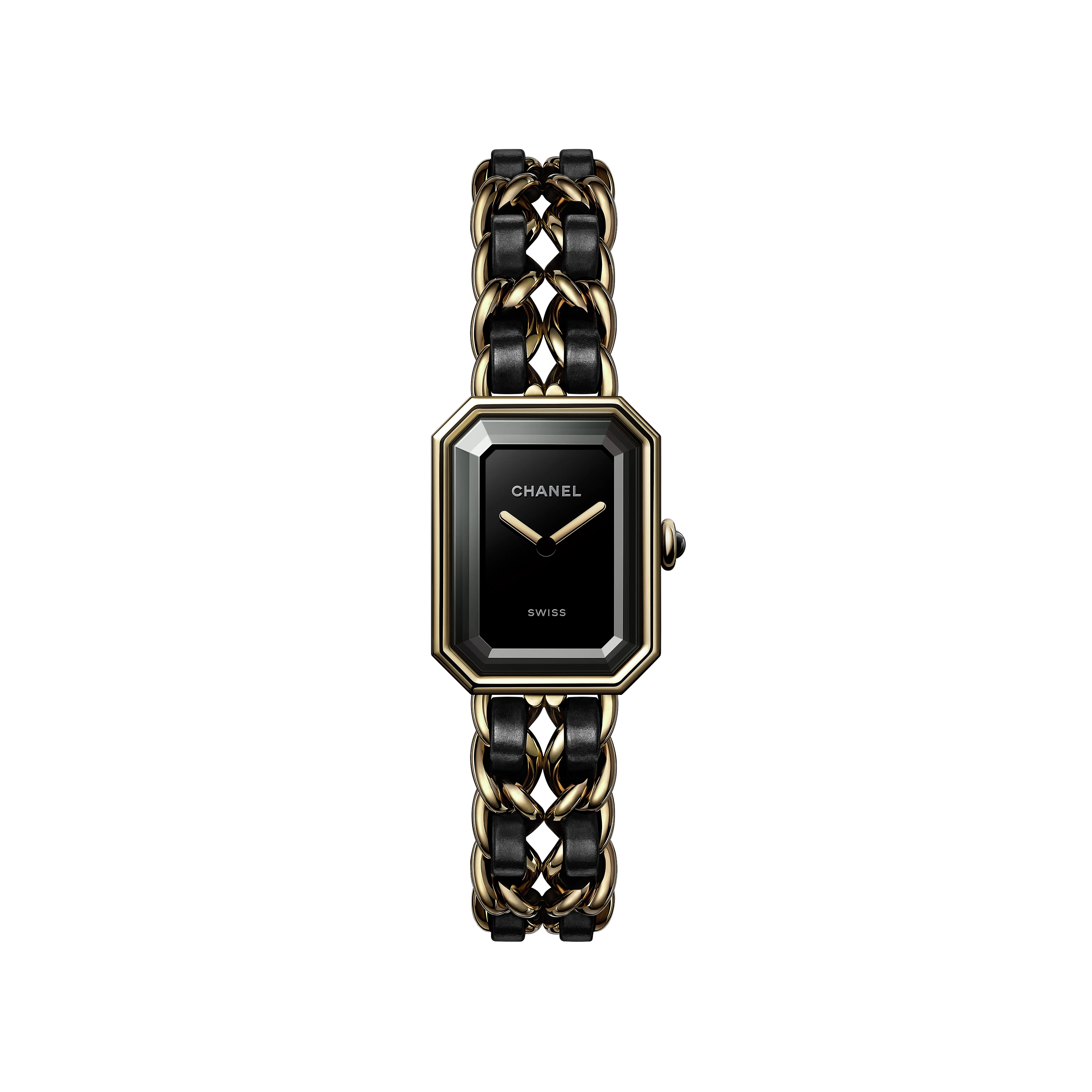 The Chanel Première Édition Originale Medium Model features a black-lacquered dial, yellow gold steel bezel, gold hands, and a chain-link bracelet interwoven with black leather.