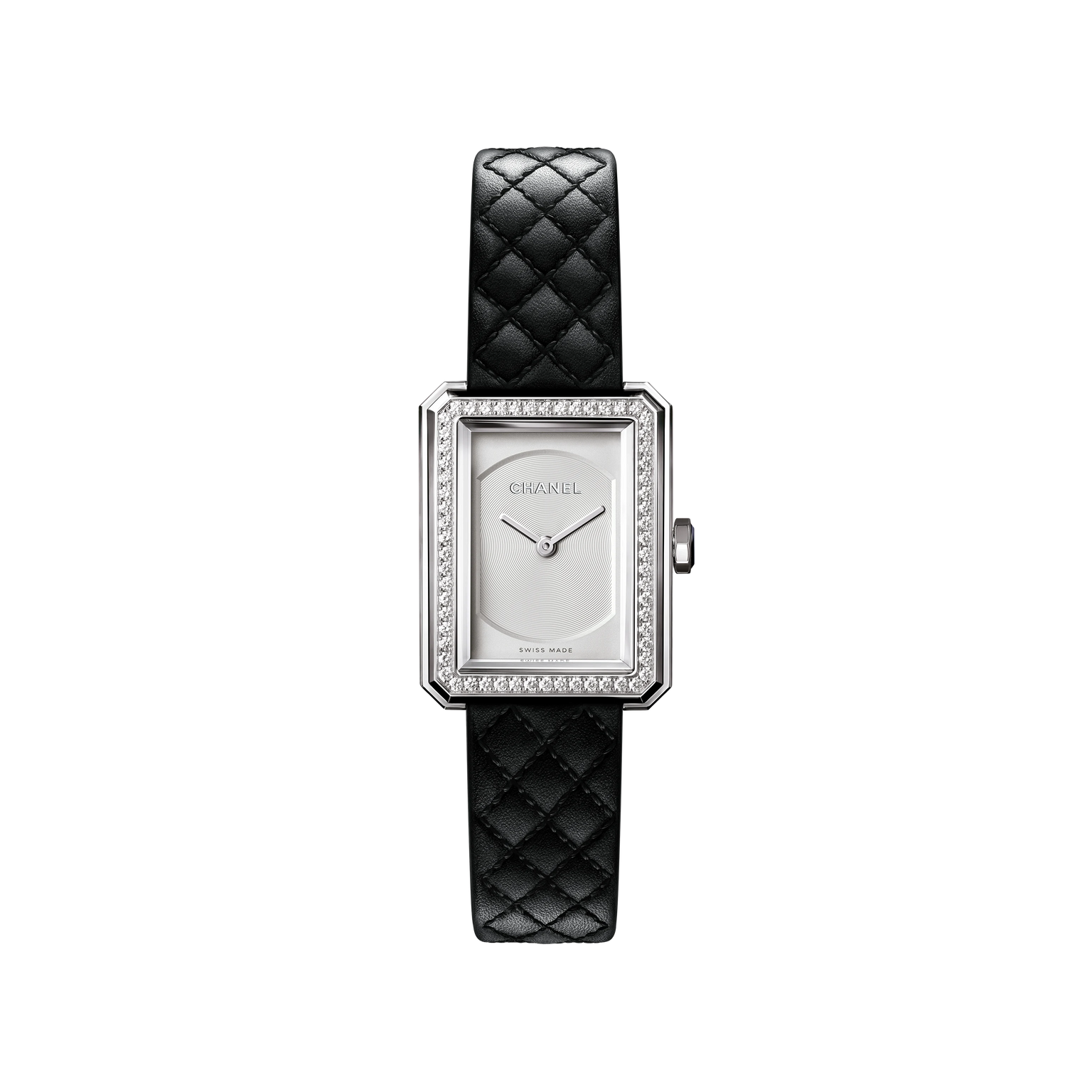 The Chanel Boy·Friend Small Model wristwatch features a rectangular silver case, diamond bezel, minimalistic white dial, and a black quilted calfskin strap, displayed against a plain white background.