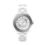 The Chanel J12 Diamond Bezel is an automatic white wristwatch featuring a highly resistant ceramic bracelet, diamond-studded bezel, and diamond hour markers on a white dial, displayed against a plain white background.