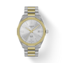 Tissot watch with silver and gold band on a white background