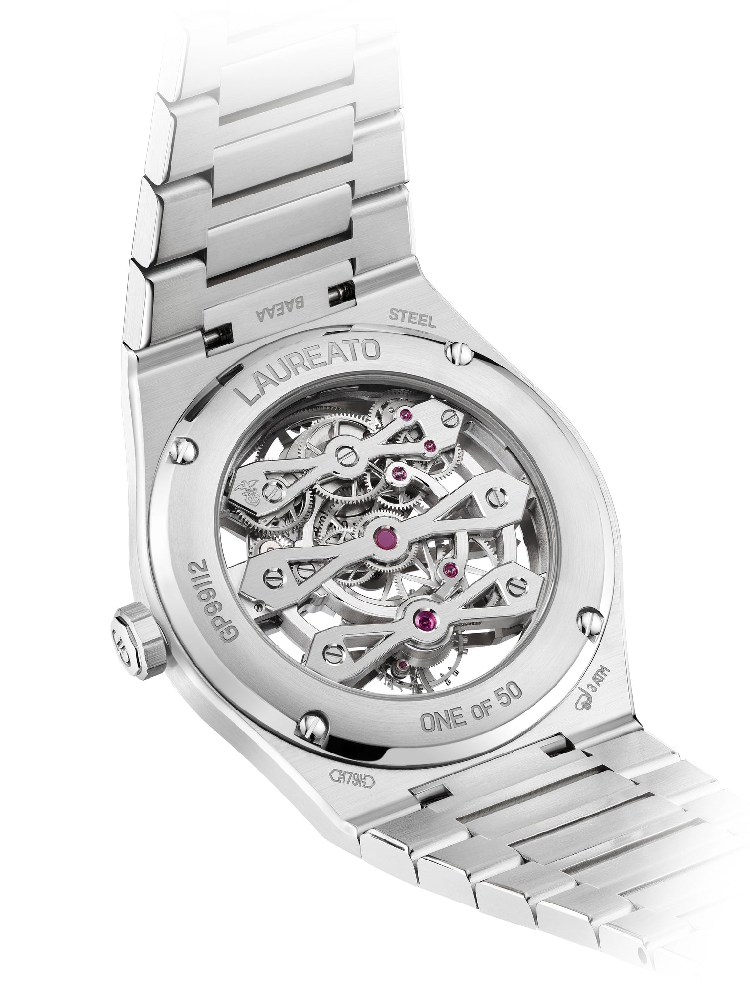 A close-up of the Laureato Three Gold Bridges by Girard-Perregaux showcases its intricate tourbillon movement through a transparent case back, with "Laureato," limited edition details, and serial numbers engraved on the metal.