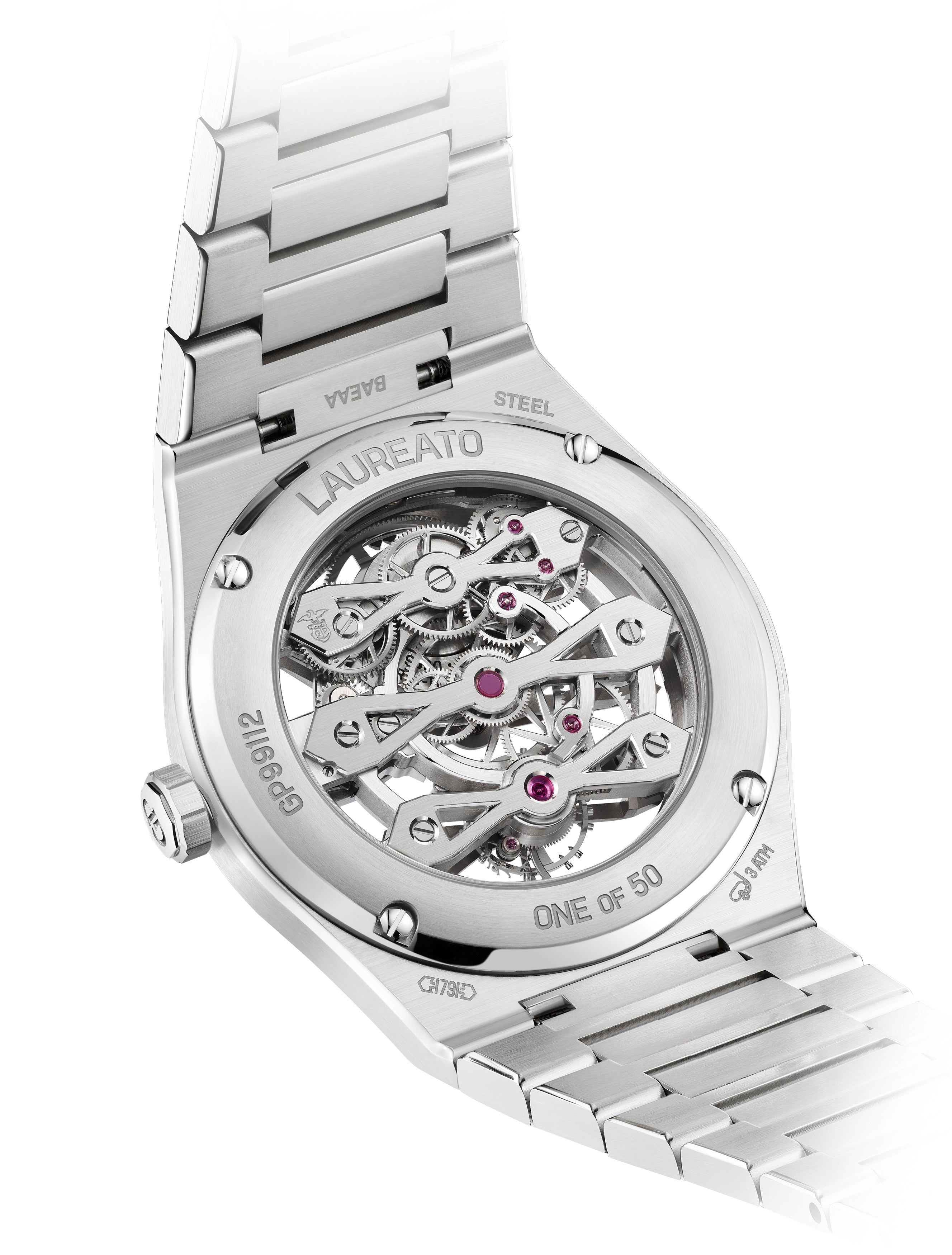 A close-up of the Laureato Three Gold Bridges by Girard-Perregaux showcases its intricate tourbillon movement through a transparent case back, with "Laureato," limited edition details, and serial numbers engraved on the metal.