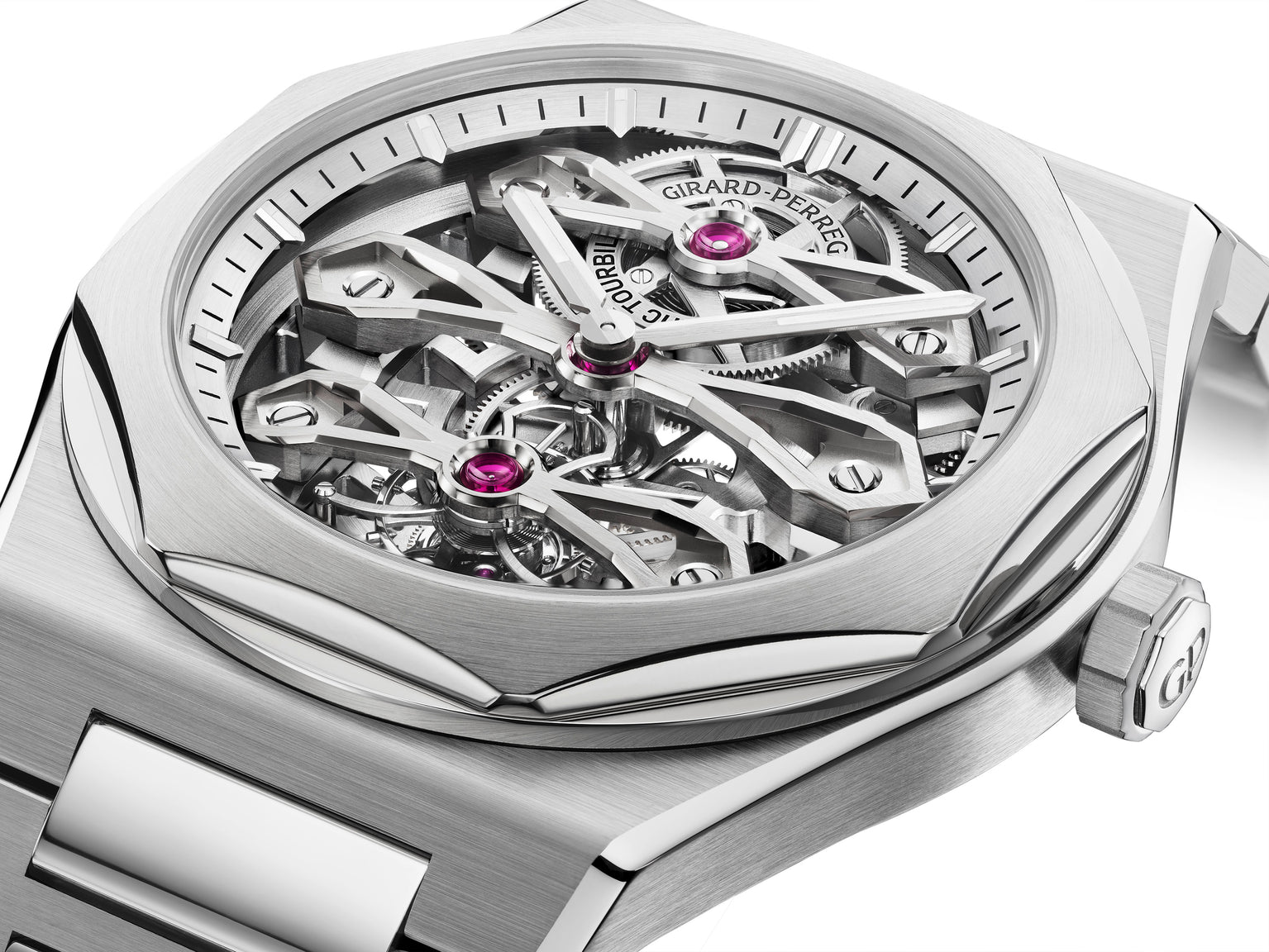 A close-up of the Girard-Perregaux Laureato Three Gold Bridges skeleton watch, highlighting its exposed gears, signature tourbillon movement, and polished stainless steel case with bracelet.