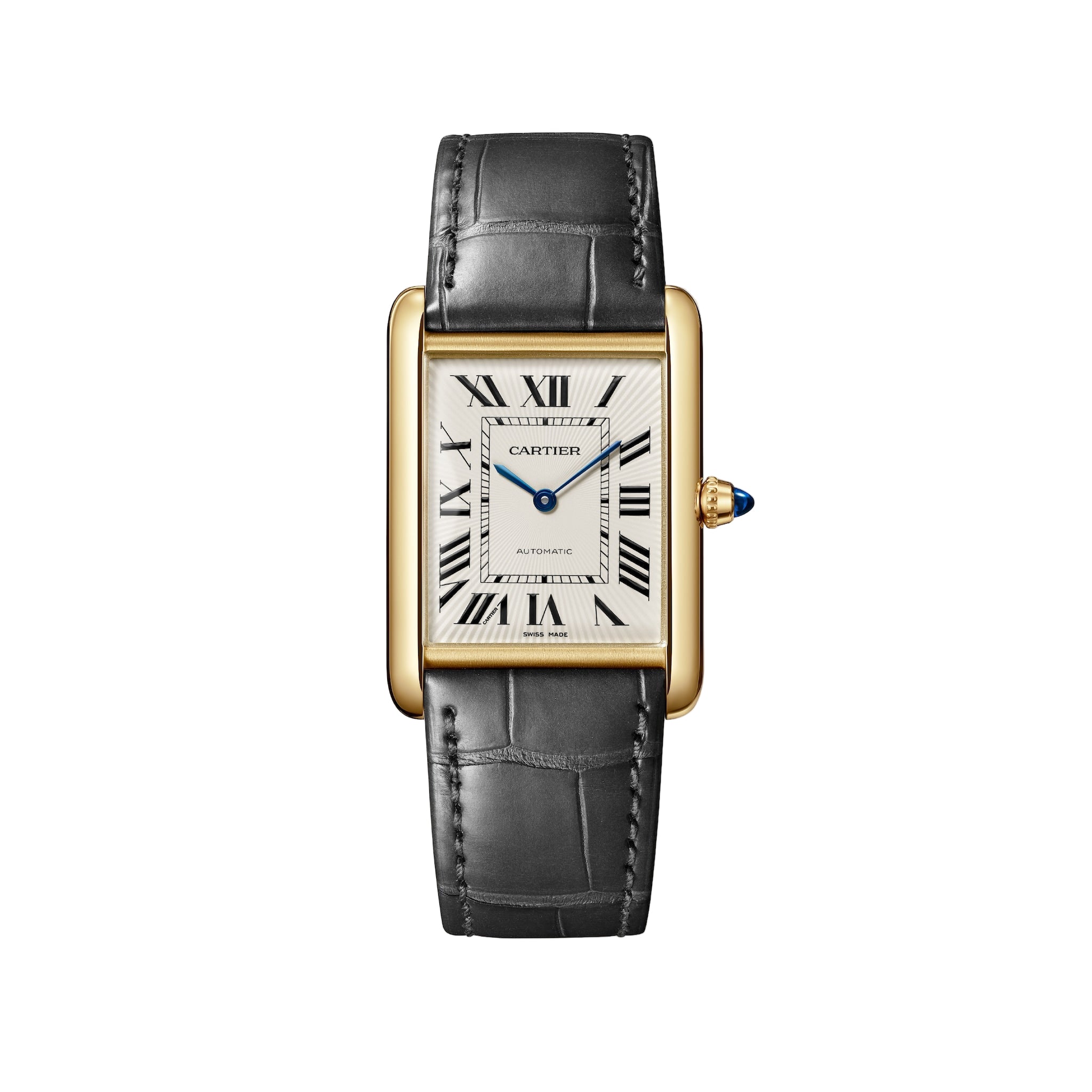 The Cartier Tank Louis Cartier Large Model features a rectangular gold case, white dial with black Roman numerals, blue hands, and a black leather strap—an iconic watch by Cartier displayed on a white background.