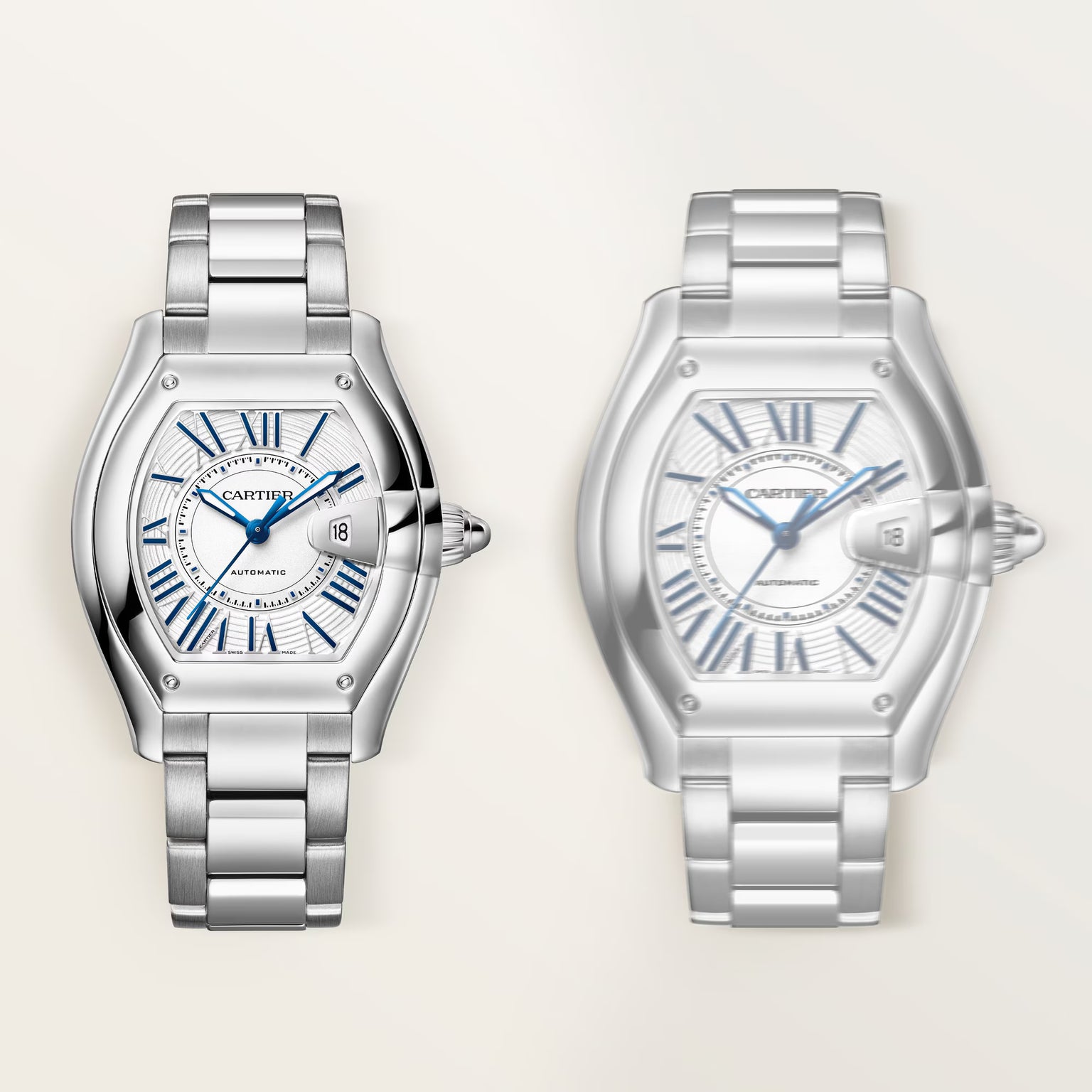 Two silver stainless steel watches with white dials, blue Roman numerals, and matching bracelets shown from front and side an