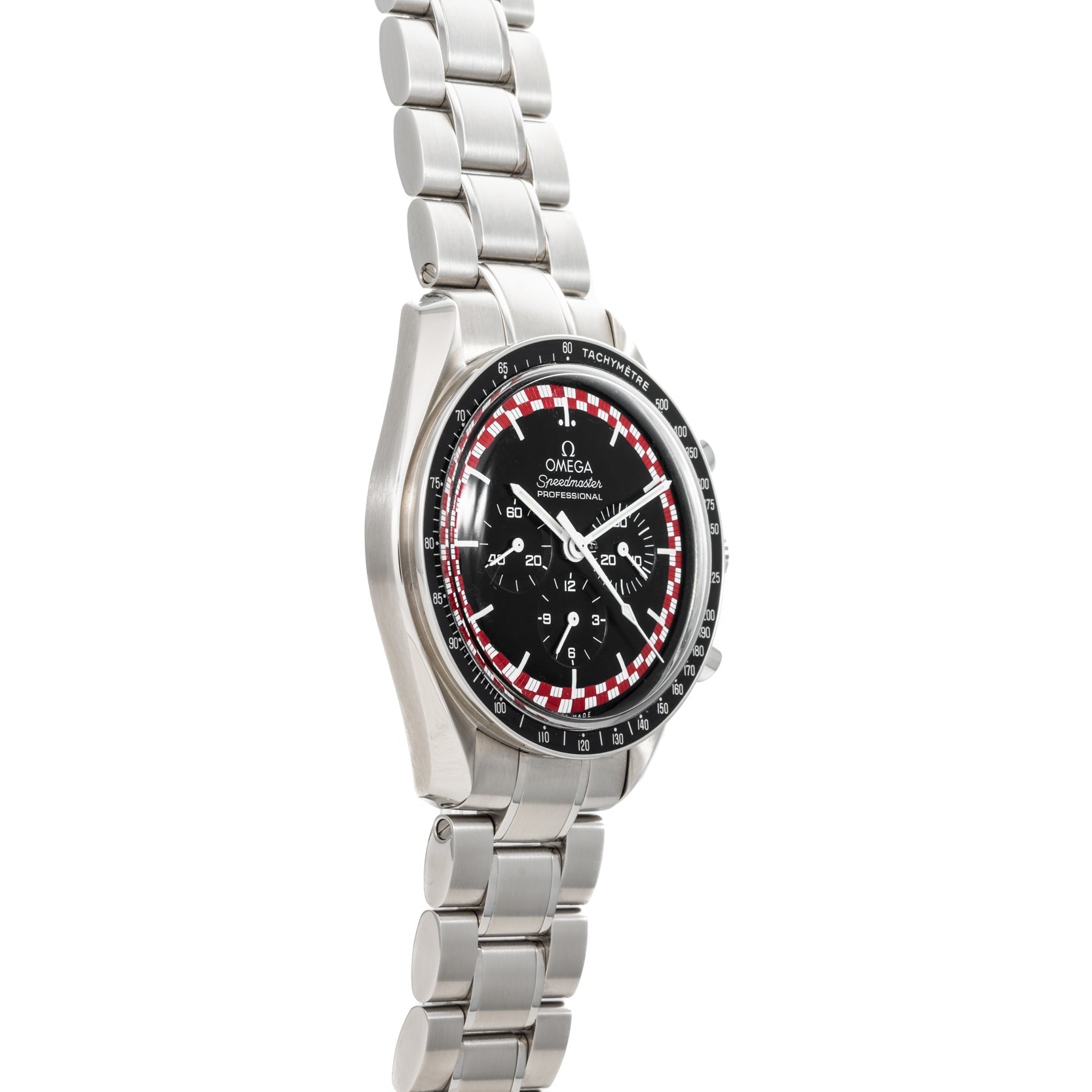 OMEGA Speedmaster Tintin watch featuring a black dial with red and white accents, paired with a stainless steel bracelet.