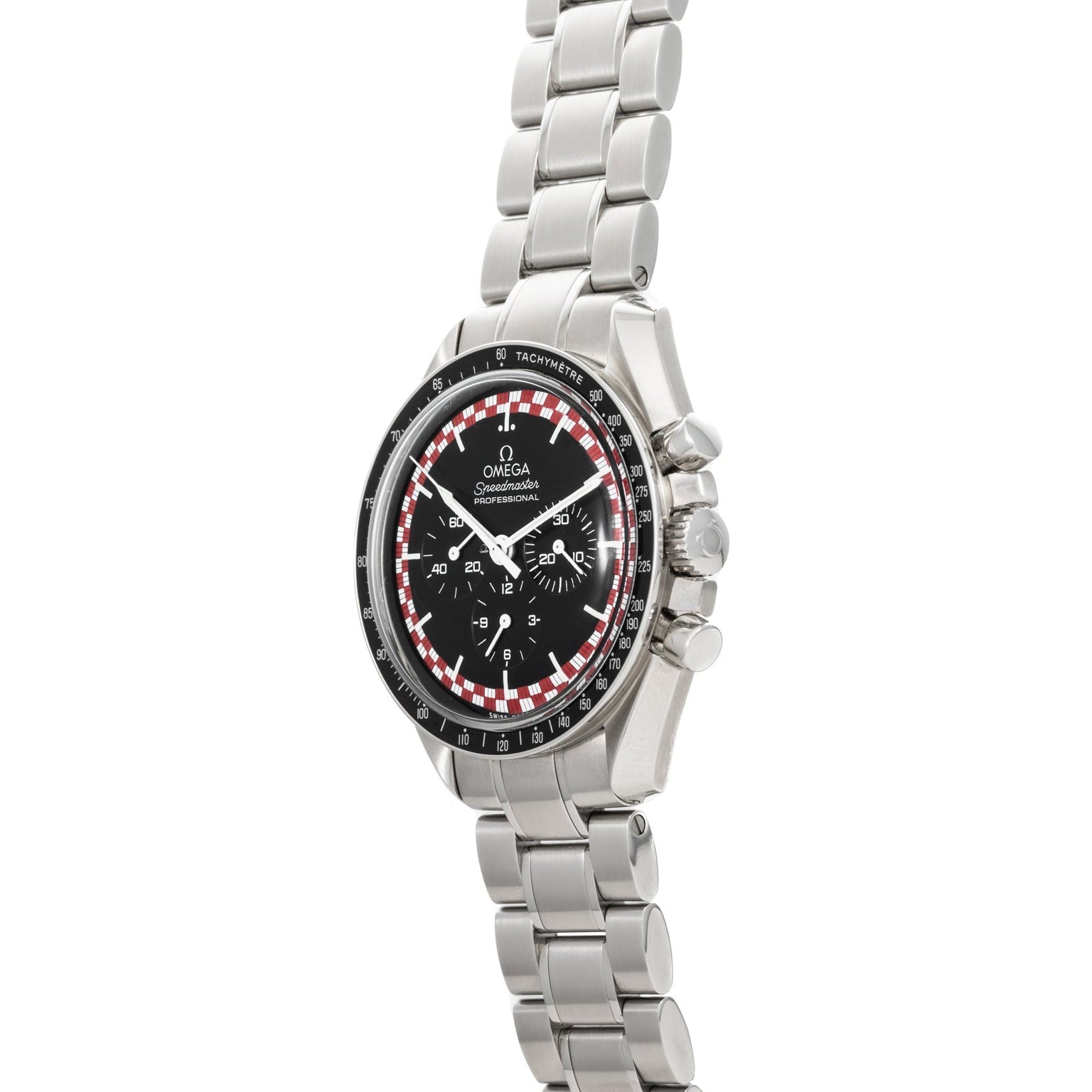 OMEGA Speedmaster Tintin watch featuring a black dial with red and white accents, paired with a stainless steel bracelet.