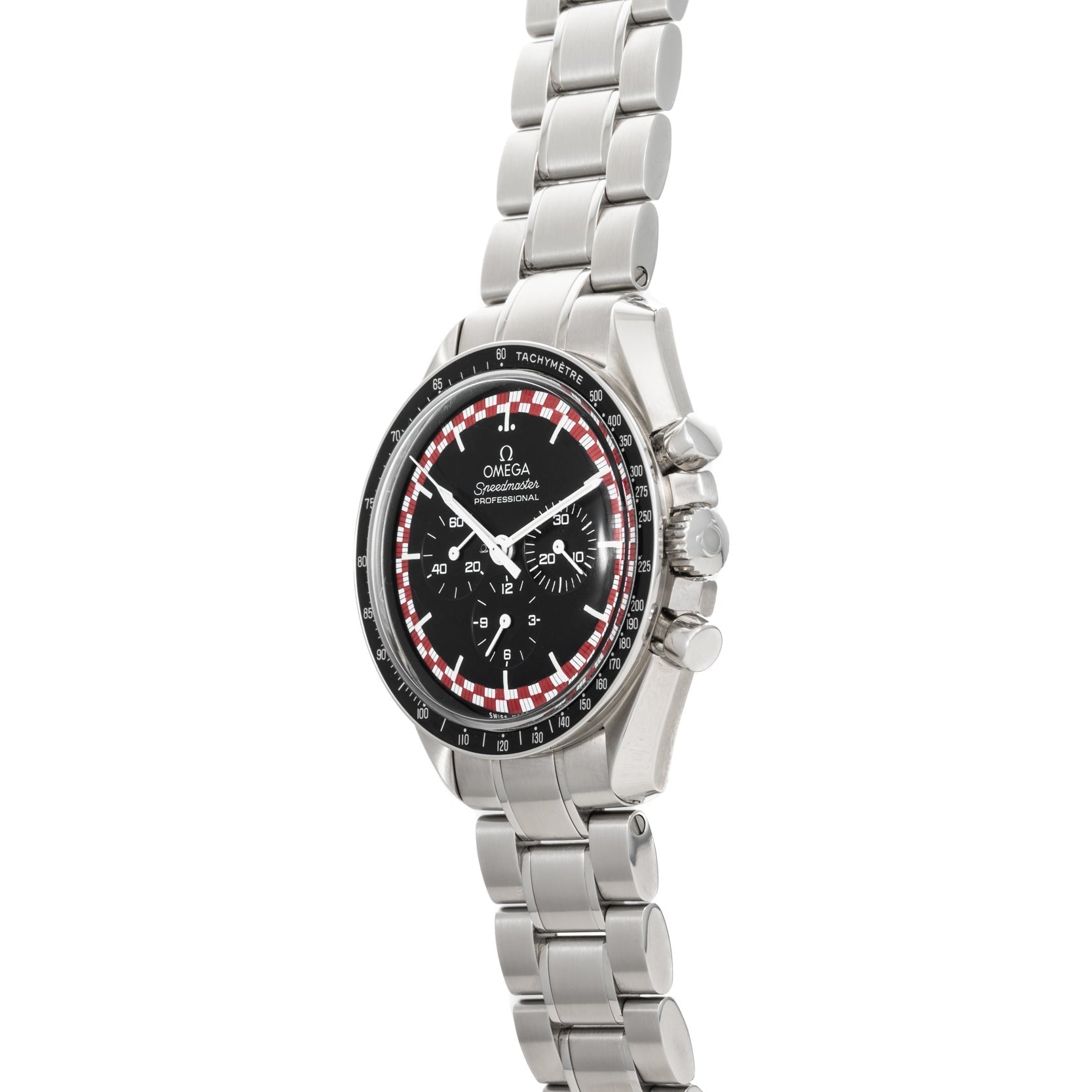OMEGA Speedmaster Tintin watch featuring a black dial with red and white accents, paired with a stainless steel bracelet.