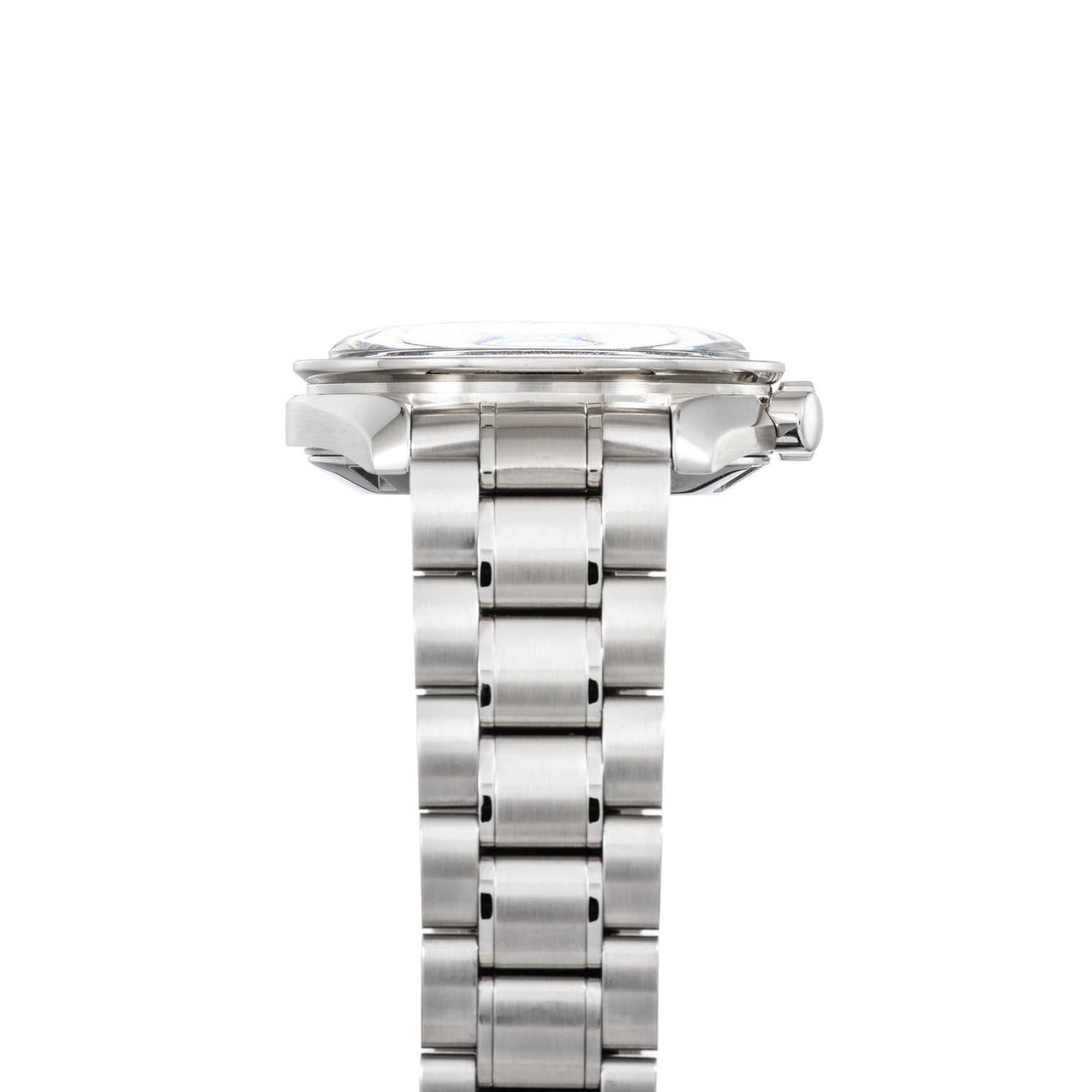 Side view of the OMEGA Speedmaster Tintin, highlighting its silver metal linked band, watch thickness, and clasp.