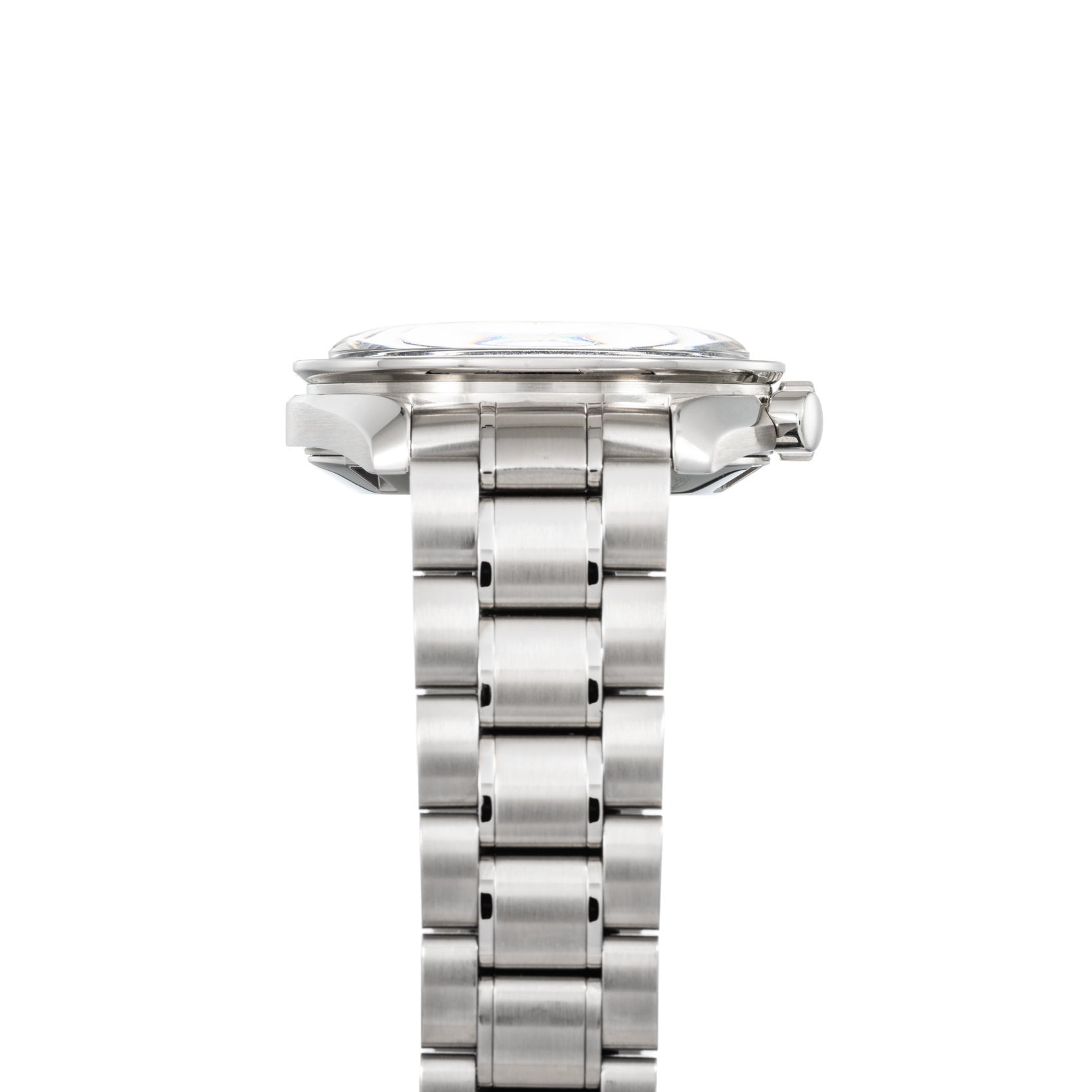 Side view of the OMEGA Speedmaster Tintin, highlighting its silver metal linked band, watch thickness, and clasp.