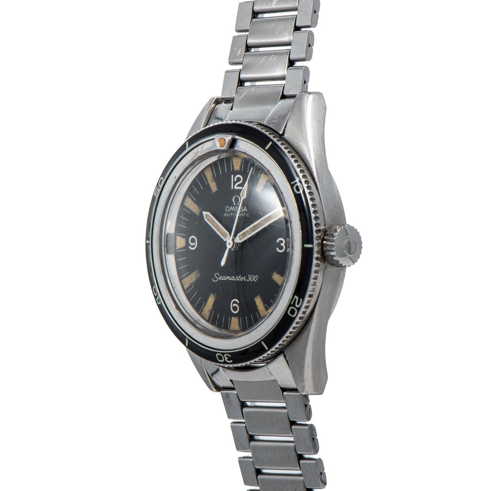 OMEGA Seamaster 300 watch featuring a black dial, silver bezel, and metal bracelet, shown from an angled view.