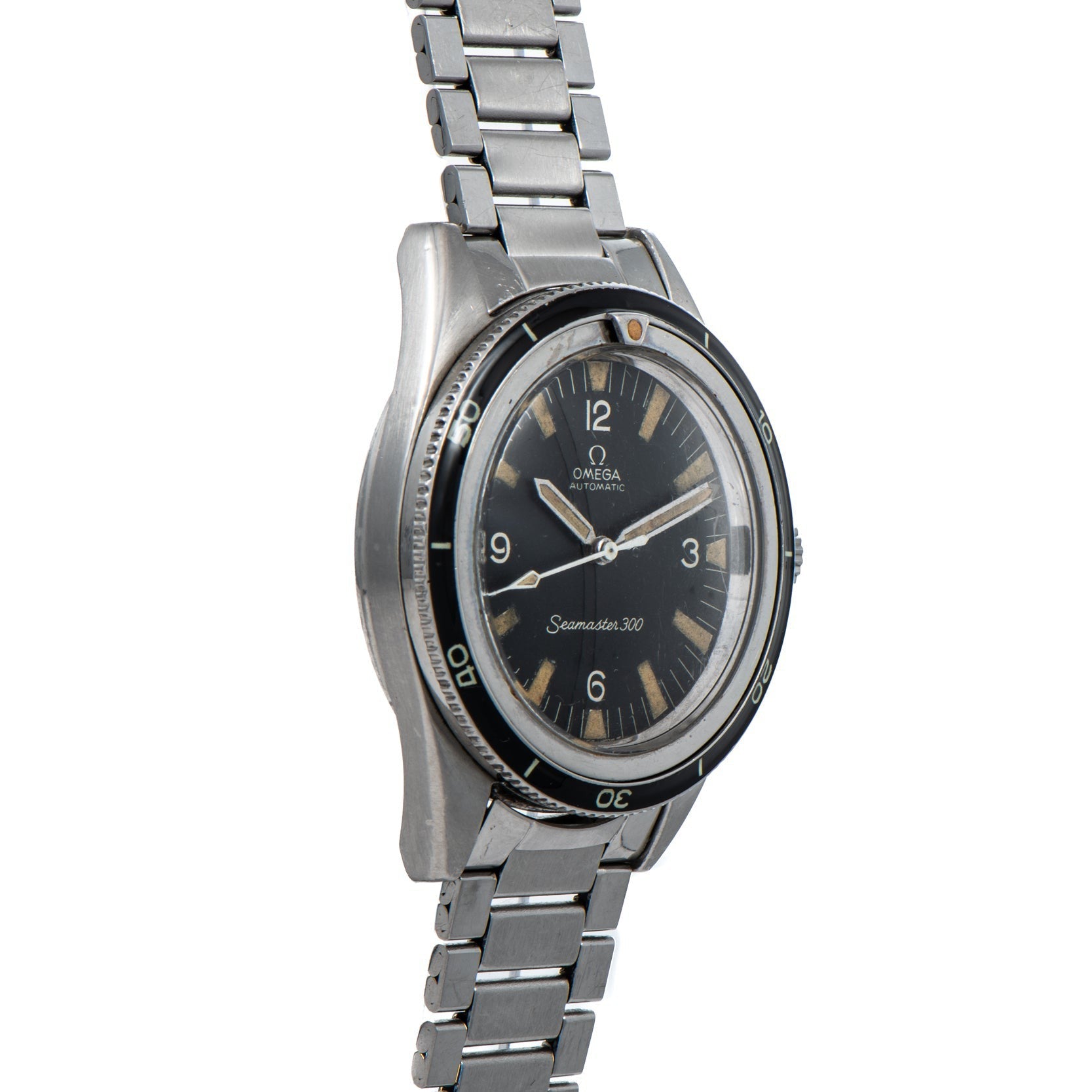 An OMEGA Seamaster 300 wristwatch featuring a black dial and stainless steel band.