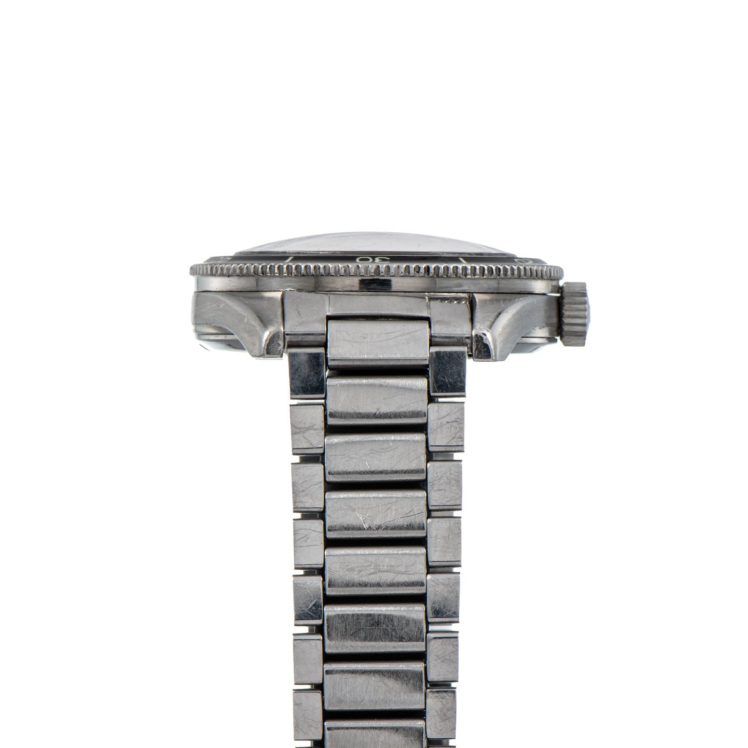 Side view of the OMEGA Seamaster 300, a silver metal wristwatch with a link band and visible crown, shown against a white background.