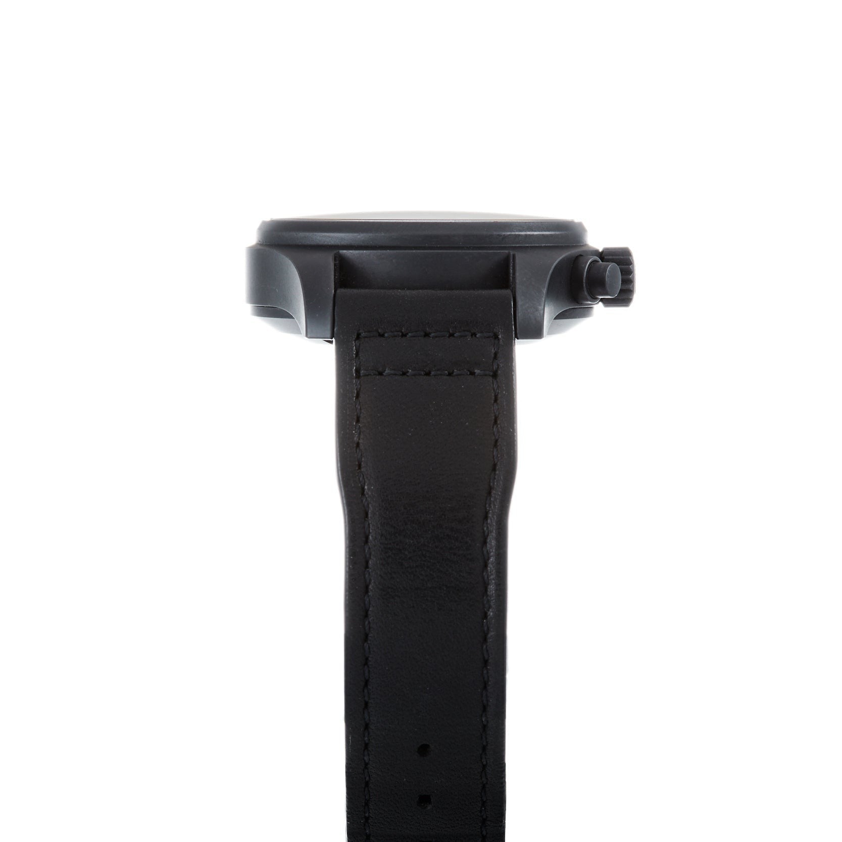 Side view of the IWC Schaffhausen Pilots Watch Chronograph Tribute To 3705 featuring a black leather strap and round case, shown on a white background.