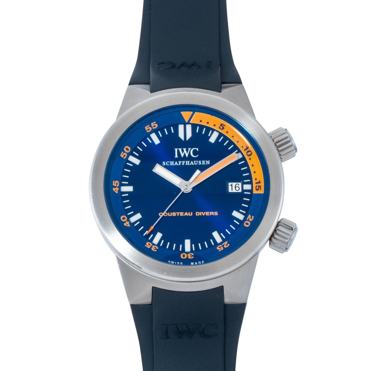 The IWC Schaffhausen Aquatimer Cousteau Divers Limited Edition features a blue dial, black strap, and orange accents.